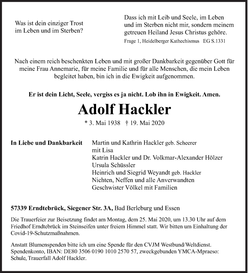  Traueranzeige für Adolf Hackler vom 23.05.2020 aus Siegener Zeitung