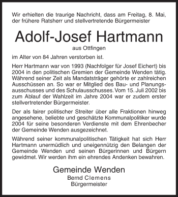Traueranzeige von Adolf-Josef Hartmann von Siegener Zeitung