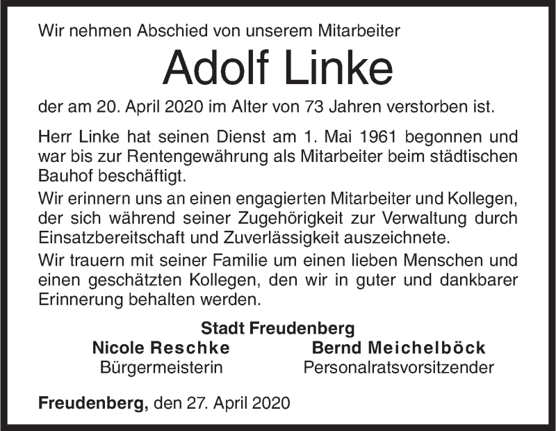  Traueranzeige für Adolf Linke vom 27.05.2020 aus Siegener Zeitung