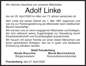 Traueranzeige von Adolf Linke von Siegener Zeitung