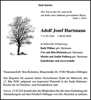 Traueranzeige von Adolf Josef Hartmann von Siegener Zeitung