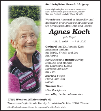 Traueranzeige von Agnes Koch von Siegener Zeitung