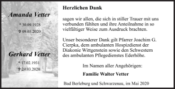 Traueranzeige von Amanda und Gerhard Vetter von Siegener Zeitung