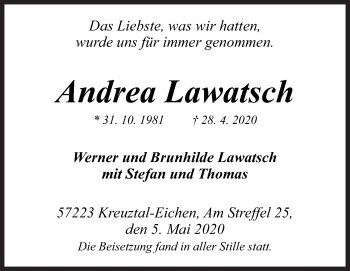 Traueranzeige von Andrea Lawatsch von Siegener Zeitung