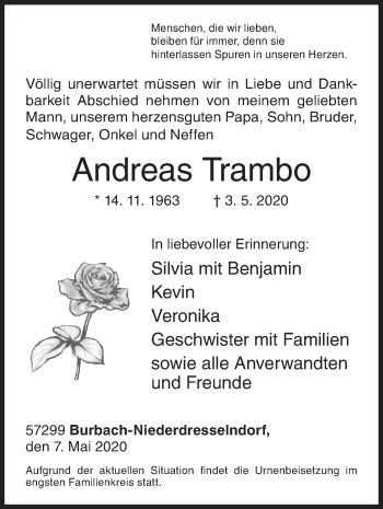 Traueranzeige von Andreas Trambo von Siegener Zeitung