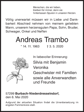 Traueranzeige von Andreas Trambo von Siegener Zeitung