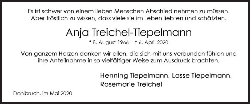  Traueranzeige für Anja Treichel-Tiepelmann vom 09.05.2020 aus Siegener Zeitung