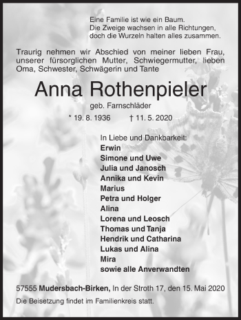 Traueranzeige von Anna Rothenpieler von Siegener Zeitung