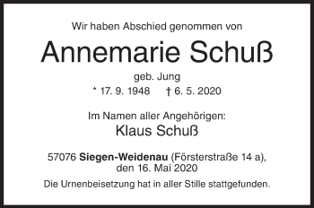Traueranzeige von Annemarie Schuß von Siegener Zeitung