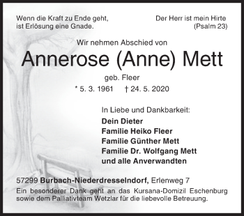 Traueranzeige von Annerose Mett von Siegener Zeitung