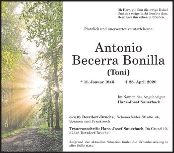 Traueranzeige von Antonoio Becerra Bonilla von Siegener Zeitung