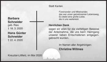 Traueranzeige von Barbara und Hans Günter Schneider von Siegener Zeitung