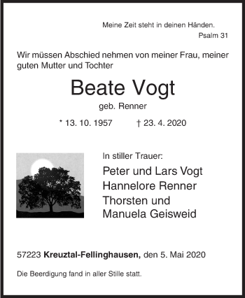 Traueranzeige von Beate Vogt von Siegener Zeitung