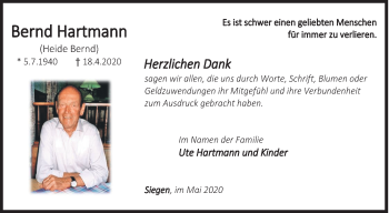 Traueranzeige von Bernd Hartmann von Siegener Zeitung
