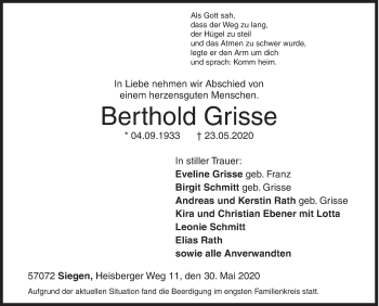 Traueranzeige von Berthold Grisse von Siegener Zeitung