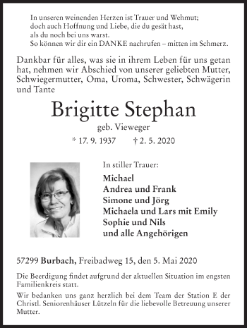 Traueranzeige von Brigitte Stephan von Siegener Zeitung