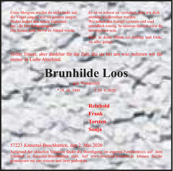 Traueranzeige von Brunhilde Loos von Siegener Zeitung