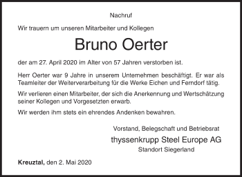 Traueranzeige von Bruno Oerter von Siegener Zeitung