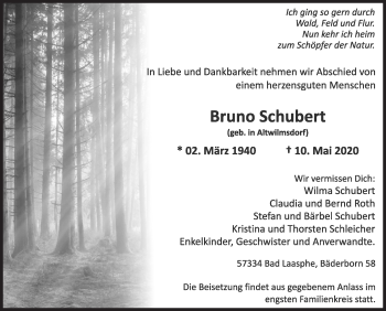 Traueranzeige von Bruno Schubert von Siegener Zeitung