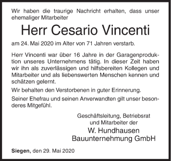 Traueranzeige von Cesario Vincenti von Siegener Zeitung