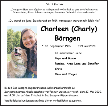 Traueranzeige von Charleen Börngen von Siegener Zeitung