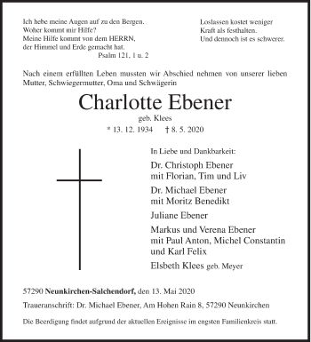 Traueranzeige von Charlotte Ebener von Siegener Zeitung