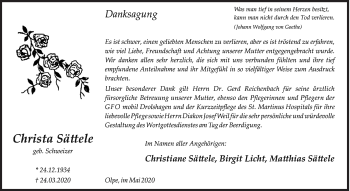 Traueranzeige von Christa Sättele von Siegener Zeitung