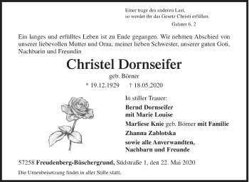 Traueranzeige von Christel Dornseifer von Siegener Zeitung