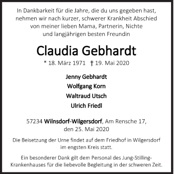Traueranzeige von Claudia Gebhardt von Siegener Zeitung