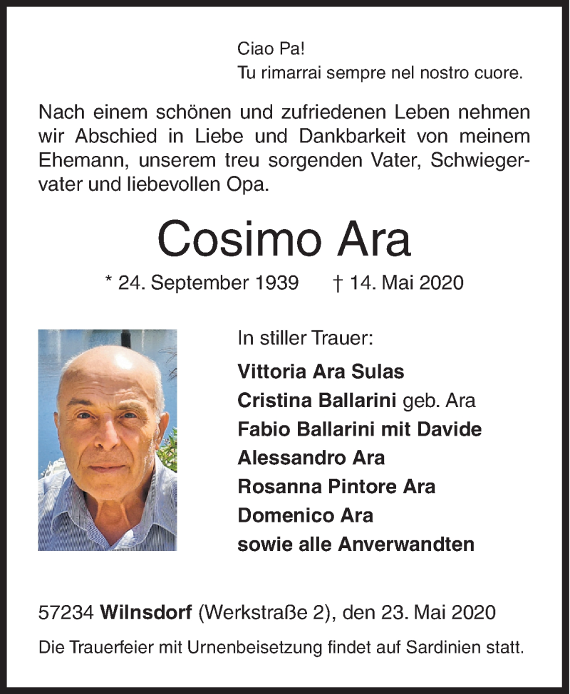  Traueranzeige für Cosimo Ara vom 23.05.2020 aus Siegener Zeitung