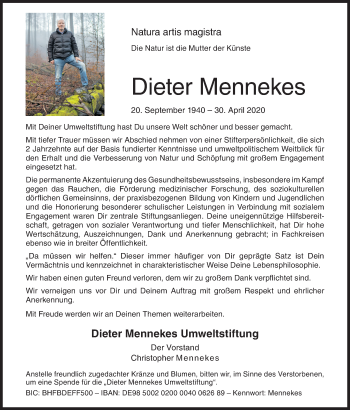 Traueranzeige von Dieter Mennekes von Siegener Zeitung