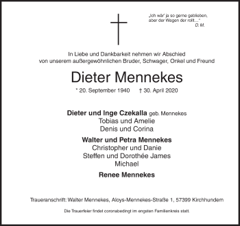Traueranzeige von Dieter Mennekes von Siegener Zeitung