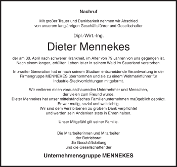 Traueranzeige von Dieter Mennekes von Siegener Zeitung