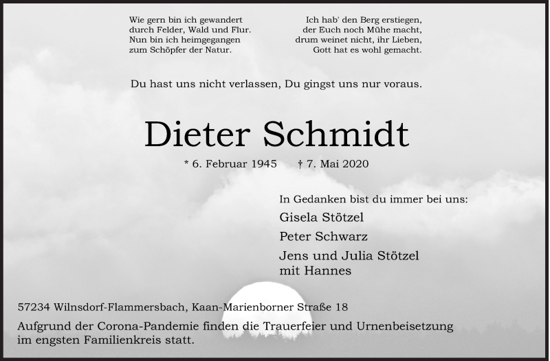  Traueranzeige für Dieter Schmidt vom 15.05.2020 aus Siegener Zeitung