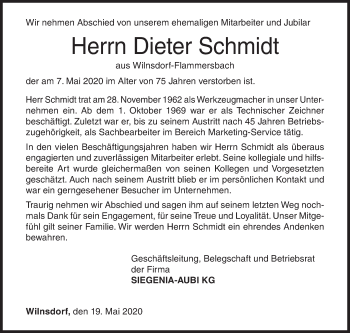 Traueranzeige von Dieter Schmidt von Siegener Zeitung