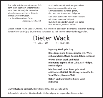 Traueranzeige von Dieter Wack von Siegener Zeitung
