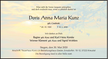 Traueranzeige von Doris Anna Maria Kunz von Siegener Zeitung