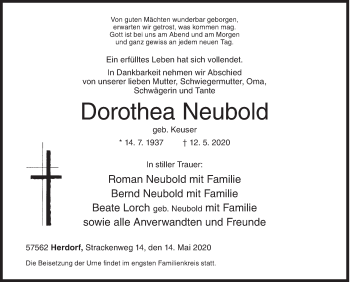 Traueranzeige von Dorothea Neubold von Siegener Zeitung