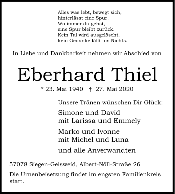 Traueranzeige von Eberhard Thiel von Siegener Zeitung