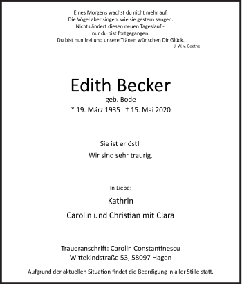 Traueranzeige von Edith Becker von Siegener Zeitung