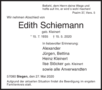Traueranzeige von Edith Schiemann von Siegener Zeitung