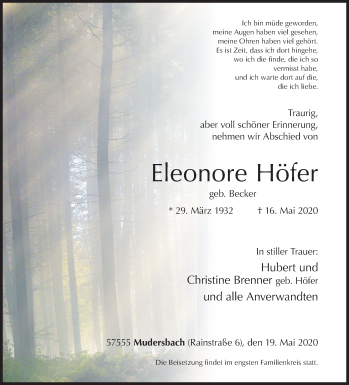 Traueranzeige von Eleonore Höfer von Siegener Zeitung