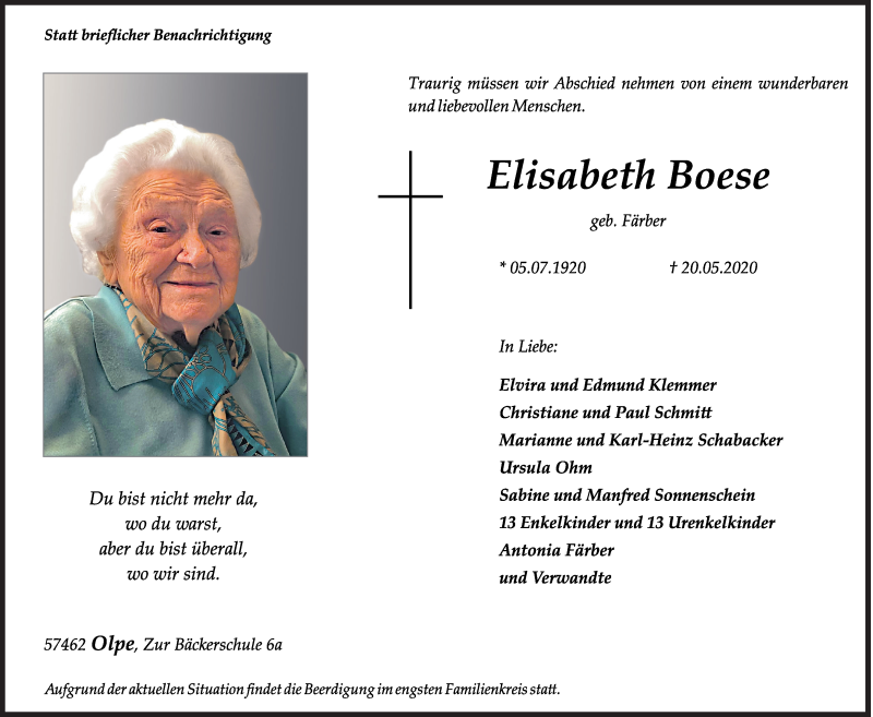  Traueranzeige für Elisabeth Boese vom 26.05.2020 aus Siegener Zeitung