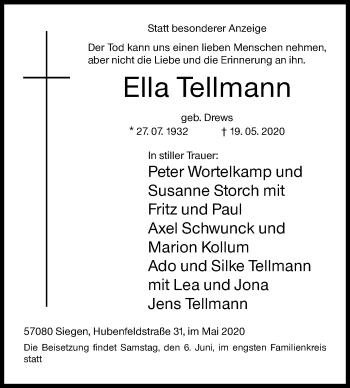 Traueranzeige von Ella Tellmann von Siegener Zeitung