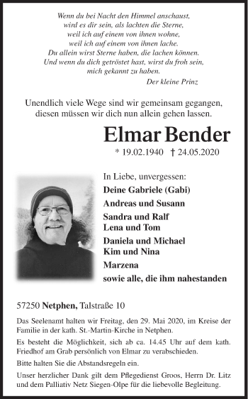 Traueranzeige von Elmar Bender von Siegener Zeitung