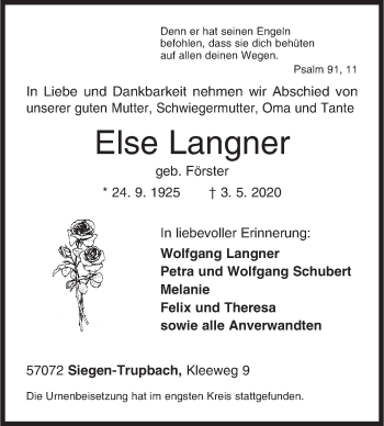 Traueranzeige von Else Langner von Siegener Zeitung