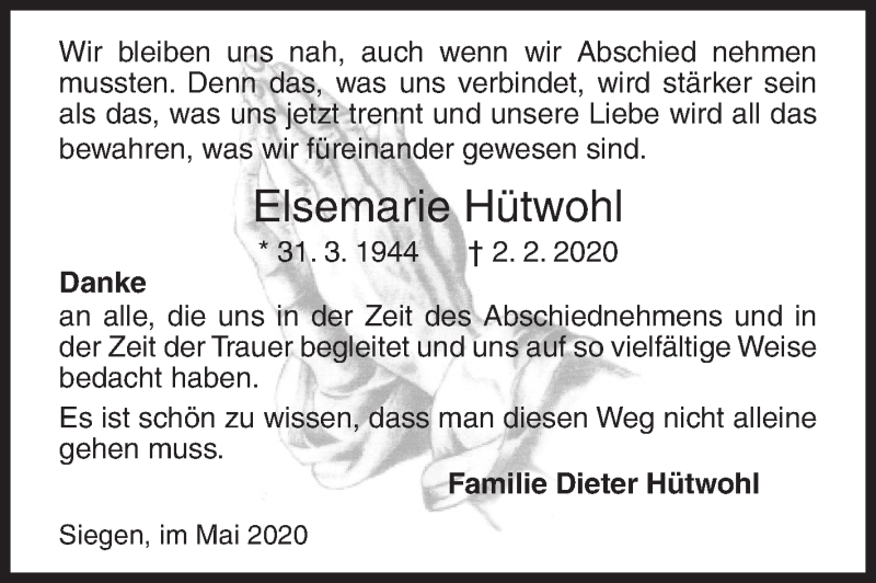  Traueranzeige für Elsemarie Hütwohl vom 09.05.2020 aus Siegener Zeitung