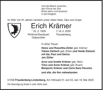 Traueranzeige von Erich Krämer von Siegener Zeitung