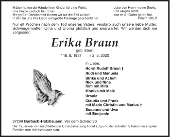 Traueranzeige von Erika Braun von Siegener Zeitung