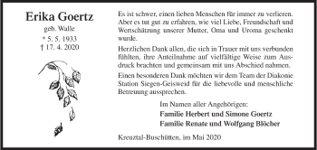 Traueranzeige von Erika Goertz von Siegener Zeitung